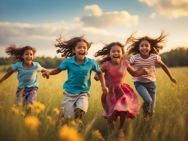 Foto grupo de niños jugando en el prado verde