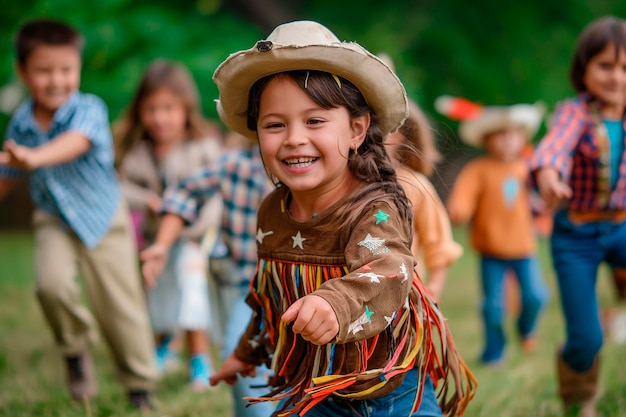 un grupo de niños jugando a los vaqueros e indios en el parque