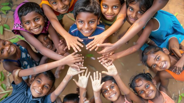 Grupo de niños juntando las manos