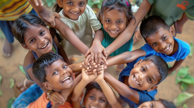 Grupo de niños juntando las manos