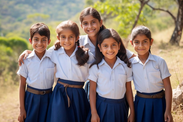 Foto grupo de niños latinoamericanos felices en su camino a la escuela rural estudiantes hispanos del campo