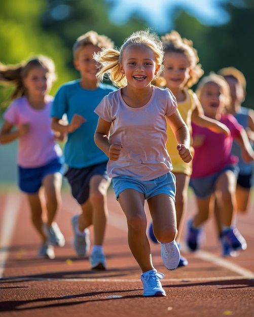 Foto un grupo de niños lindos corriendo por la pista