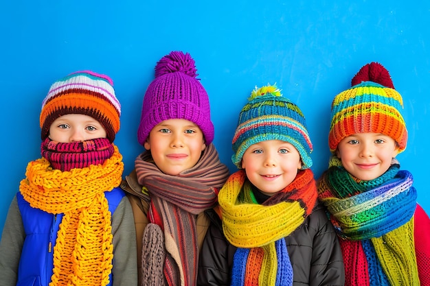 Foto grupo de niños lindos con ropa de invierno sobre un fondo de colores pastel