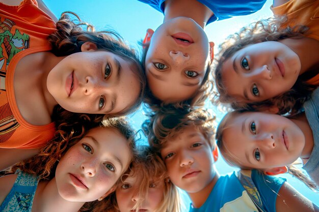 Grupo de niños mirando hacia abajo a la cámara