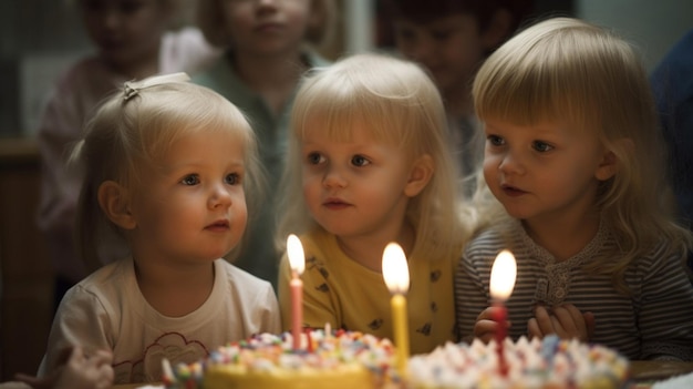 Un grupo de niños mirando un pastel de cumpleaños con velas