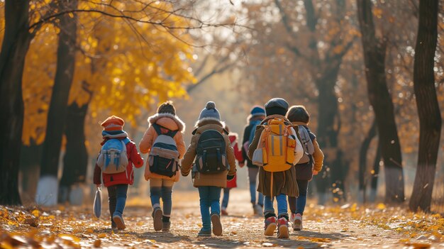 Un grupo de niños con mochilas corriendo en un parque de otoño en un día soleado