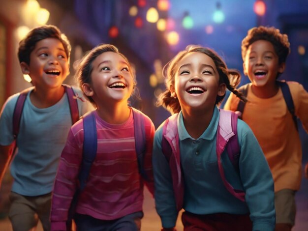 un grupo de niños con mochilas están sonriendo y sonriendo