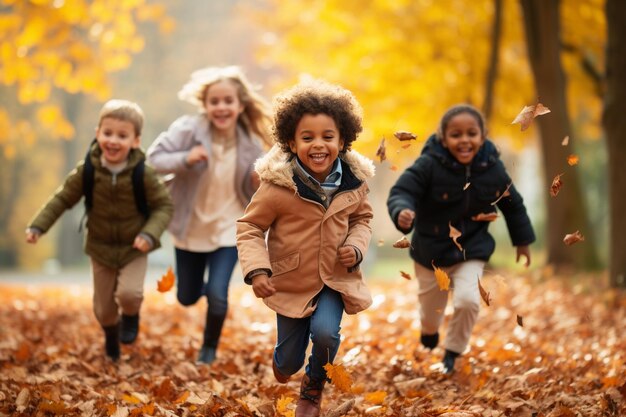 Grupo de niños multiculturales divirtiéndose en el parque