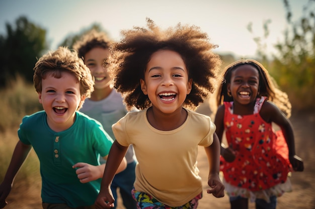 Grupo de niños multiétnicos felices, divertidos y diversos