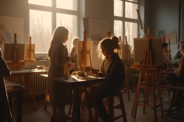 Grupo de niños niñas en clases de arte en el estudio de arte puesta de sol luz del sol Pintura Generativa Ai