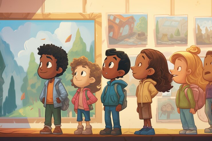 Un grupo de niños observando una pieza de arte