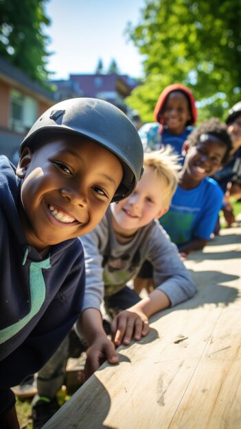 Foto un grupo de niños en un parque de patinaje.