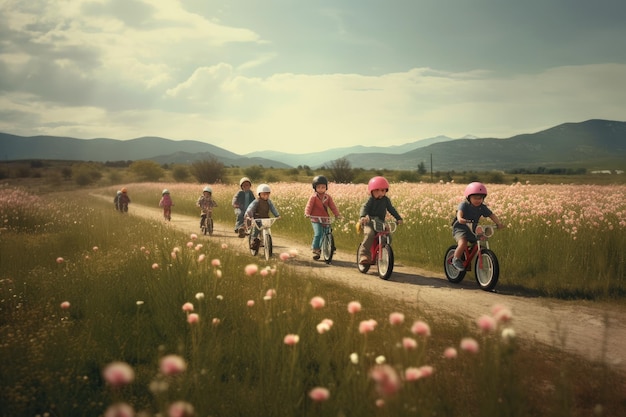 Un grupo de niños pasea en bicicleta por un campo de flores.