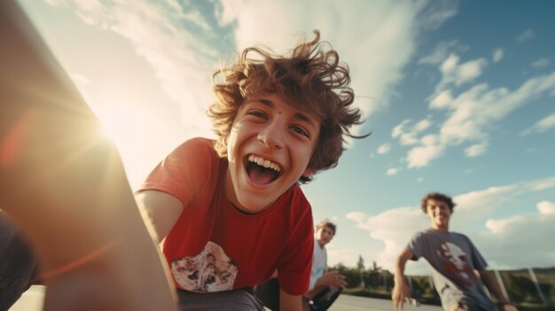 Foto un grupo de niños patinando por la calle.