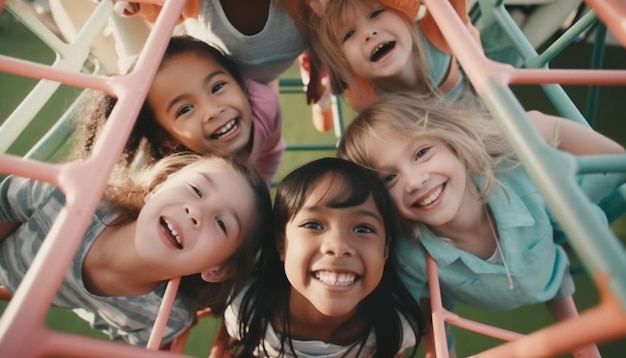 Un grupo de niños en un patio de recreo con uno de ellos con una camiseta rosa.