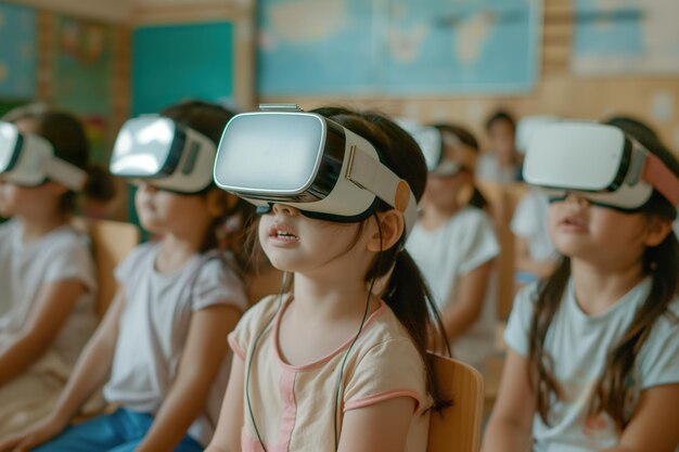 Foto grupo de niños pequeños con auriculares virtuales