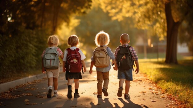 Un grupo de niños pequeños caminaron juntos en amistad Primer día de clases El primer día de apertura de clases