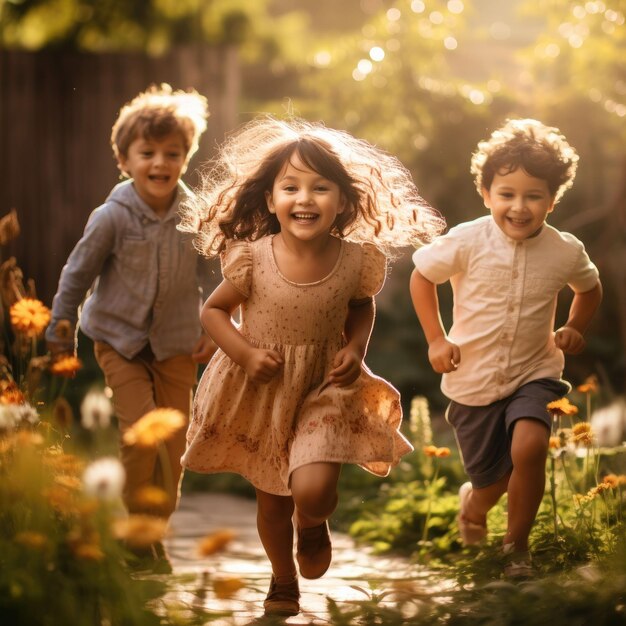 Grupo de niños pequeños corriendo por un camino