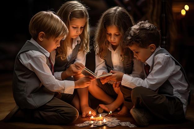 Un grupo de niños pequeños sentados alrededor de una vela encendida