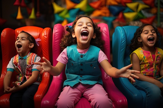 Foto un grupo de niños pequeños sentados en la parte superior de una silla roja