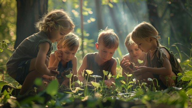 Un grupo de niños pequeños se sientan felices en lo alto de un campo verde vibrante disfrutando del calor del sol