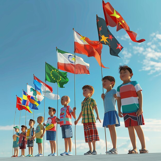 un grupo de niños de pie frente a una fila de banderas