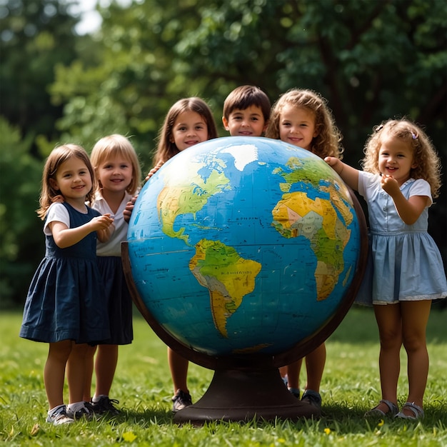 un grupo de niños posan con un globo que tiene el mundo en él