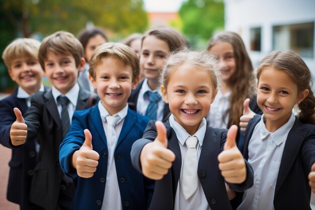 Grupo de niños con los pulgares hacia arriba Volviendo a la escuela y el concepto de educación