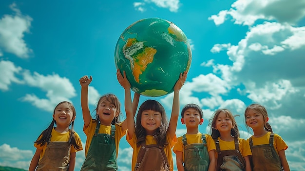 grupo de niños que sostienen una tierra para Groenlandia y el Día de la Tierra en unidad y conciencia