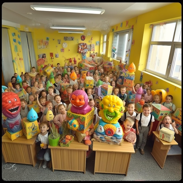 Un grupo de niños se reúnen en un salón de clases con mascarilla para celebrar