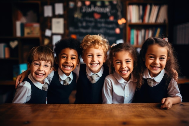 grupo de niños en el salón de la escuela Foto desde la perspectiva mirando hacia abajo a los niños Niños mirando hacia arriba