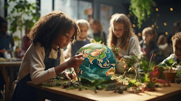 Foto grupo de niños sentados alrededor de una mesa con un globo día de la tierra