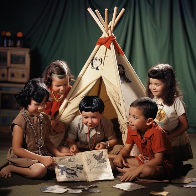 Foto un grupo de niños sentados alrededor de una tienda con un libro titulado la palabra en él