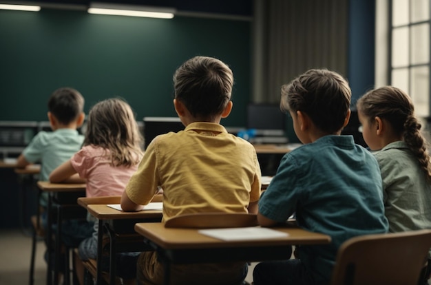 Grupo de niños sentados en el aula vista posterior Educación de escuela primaria