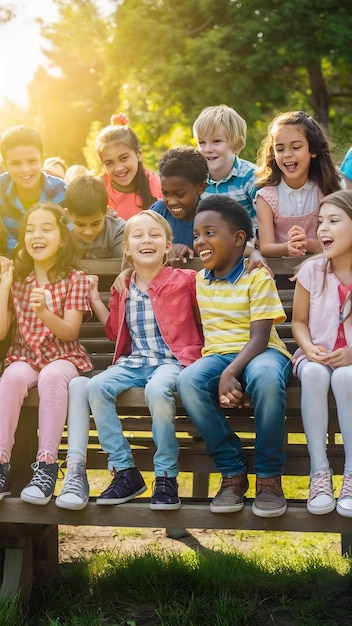 Un grupo de niños sentados en un banco