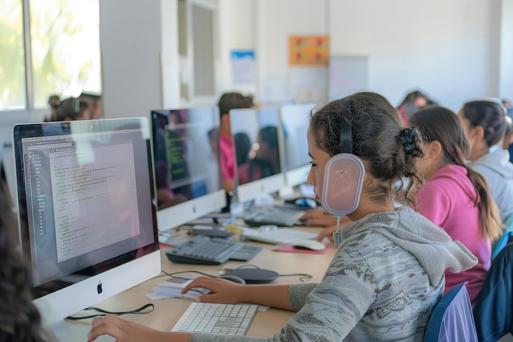 Foto un grupo de niños sentados en un escritorio con computadoras