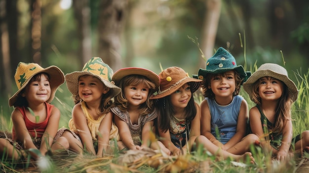 Un grupo de niños sentados felices en la hierba verde exuberante disfrutando de la compañía de los demás en un día soleado