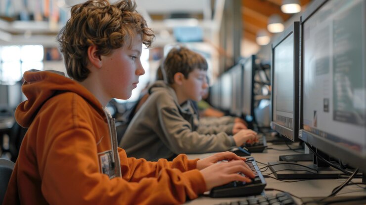 Foto un grupo de niños sentados juntos en un escritorio de computadora ideal para conceptos educativos o tecnológicos