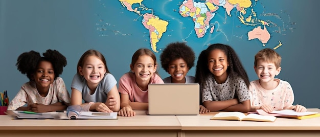 un grupo de niños sentados en una mesa con una computadora portátil