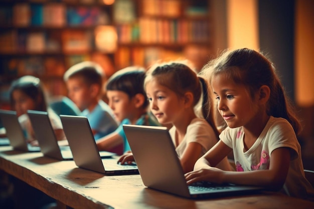 un grupo de niños sentados en una mesa con computadoras portátiles y la palabra " la " en la pantalla.