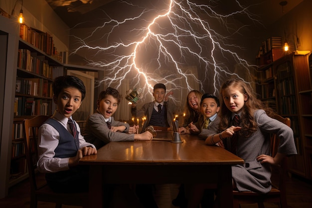 Un grupo de niños sentados en una mesa frente a una tormenta de relámpagos