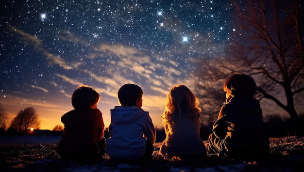 Grupo de niños sentados en el suelo y mirando el cielo estrellado.