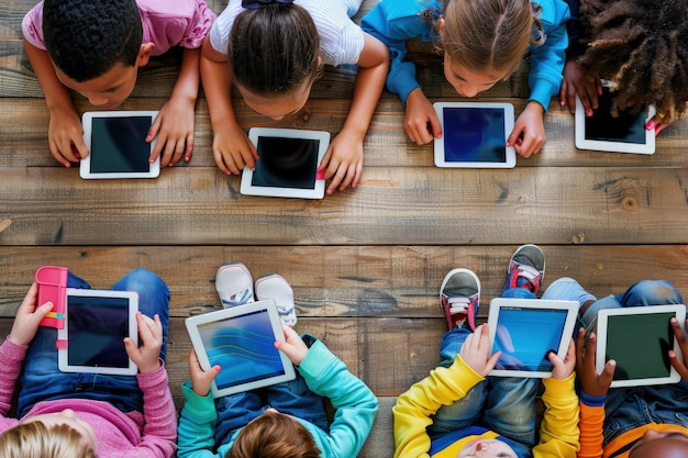 Foto un grupo de niños sentados en el suelo con sus ipads