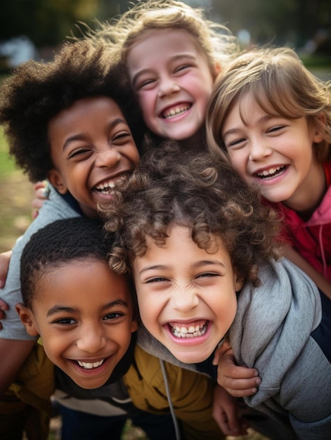 un grupo de niños sonriendo y posando para una foto.