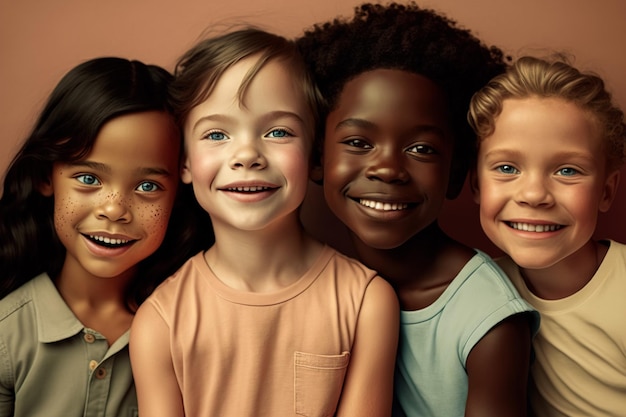 Un grupo de niños sonrientes de diferentes tonos de piel y nacionalidades colores pastel