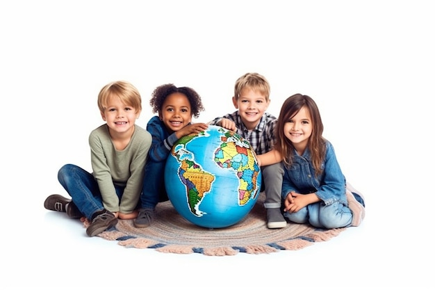 Foto grupo de niños sonrientes sentados en el suelo en círculo con un globo en las manos