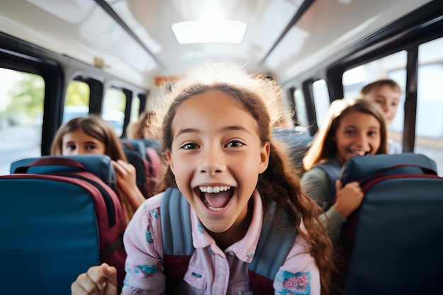 Un grupo de niños con una sonrisa de mochila con antecedentes escolares emocionados