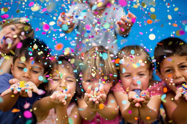 Foto un grupo de niños soplando confeti.