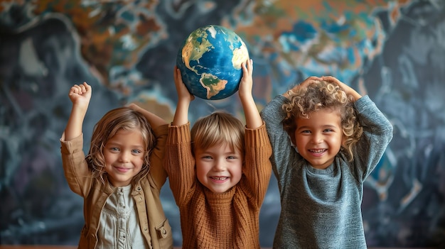 Grupo de niños sosteniendo una tierra para Groenlandia y el Día de la Tierra medio ambiente global clima