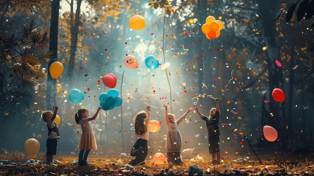 Un grupo de niños sostienen con alegría globos de colores en el aire